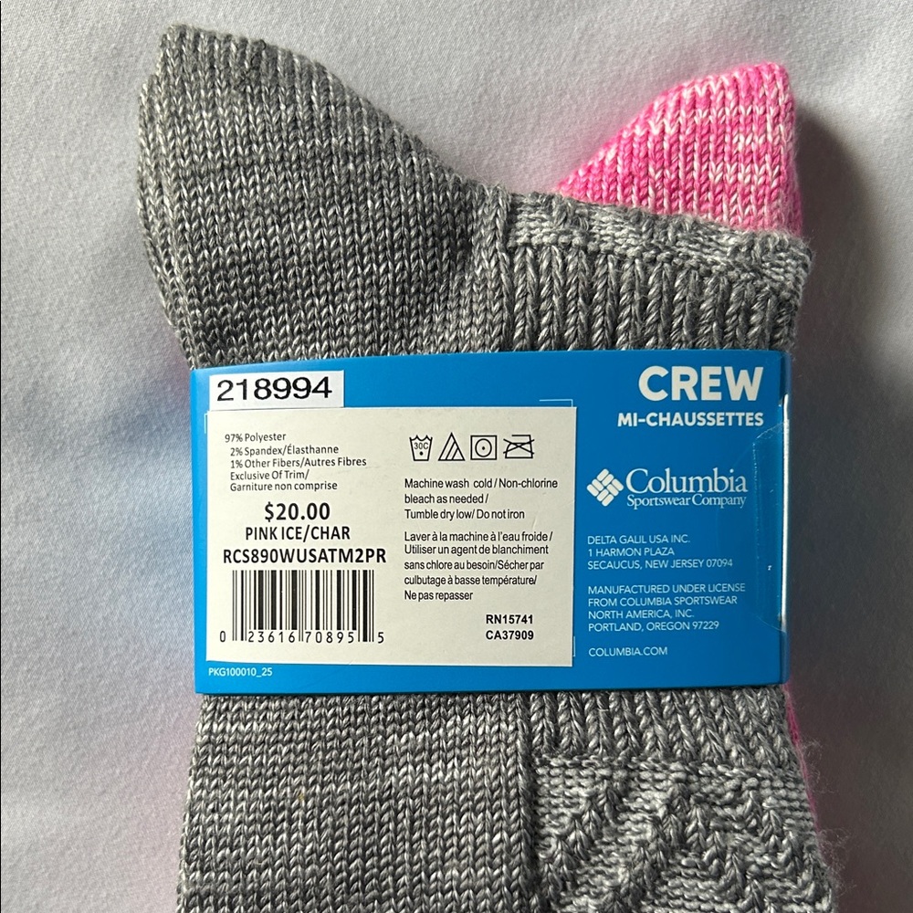Columbia Pink Ice /Charcoal Gray 2 Pair Super Soft Crew Socks - Picture 5 of 11